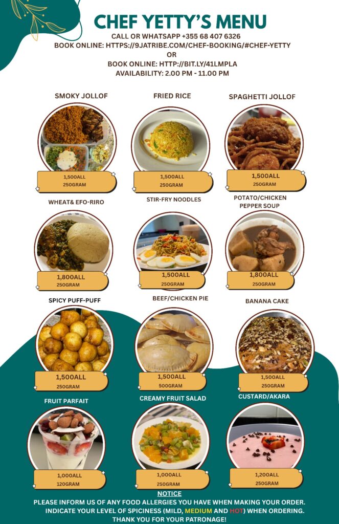 Chef Yetty’s Menu (in Albania)
